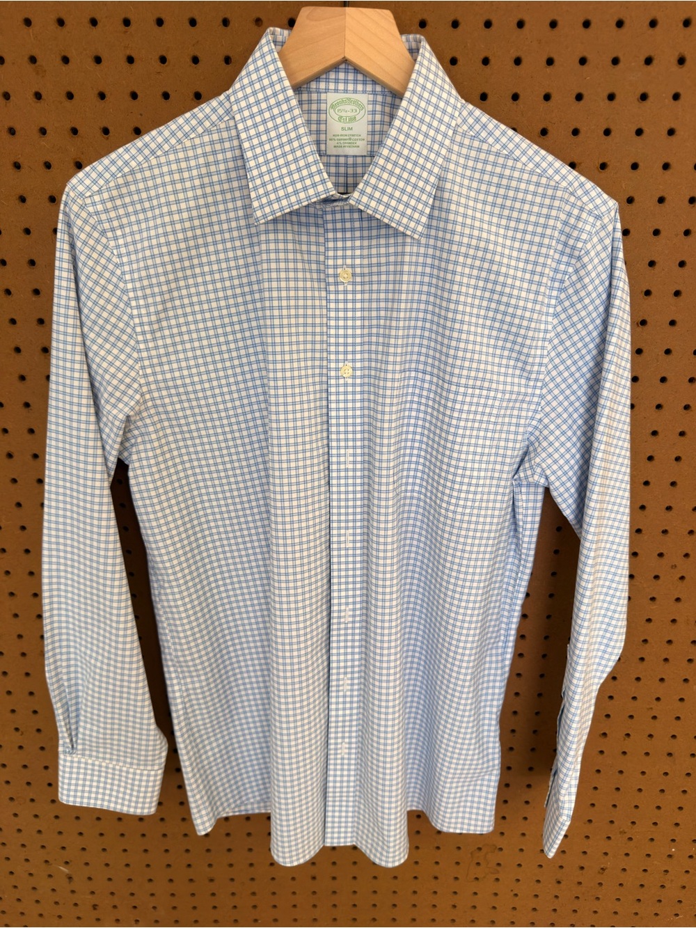 Brooks Brothers Slim Non-Iron Stretch Supima Shirt Blue Tattersall Check 15.5 33
